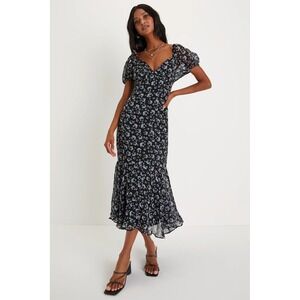Lulus Floral Print Midi Dress V‎ Neck Puff Sleeve Trumpet Hem Black M